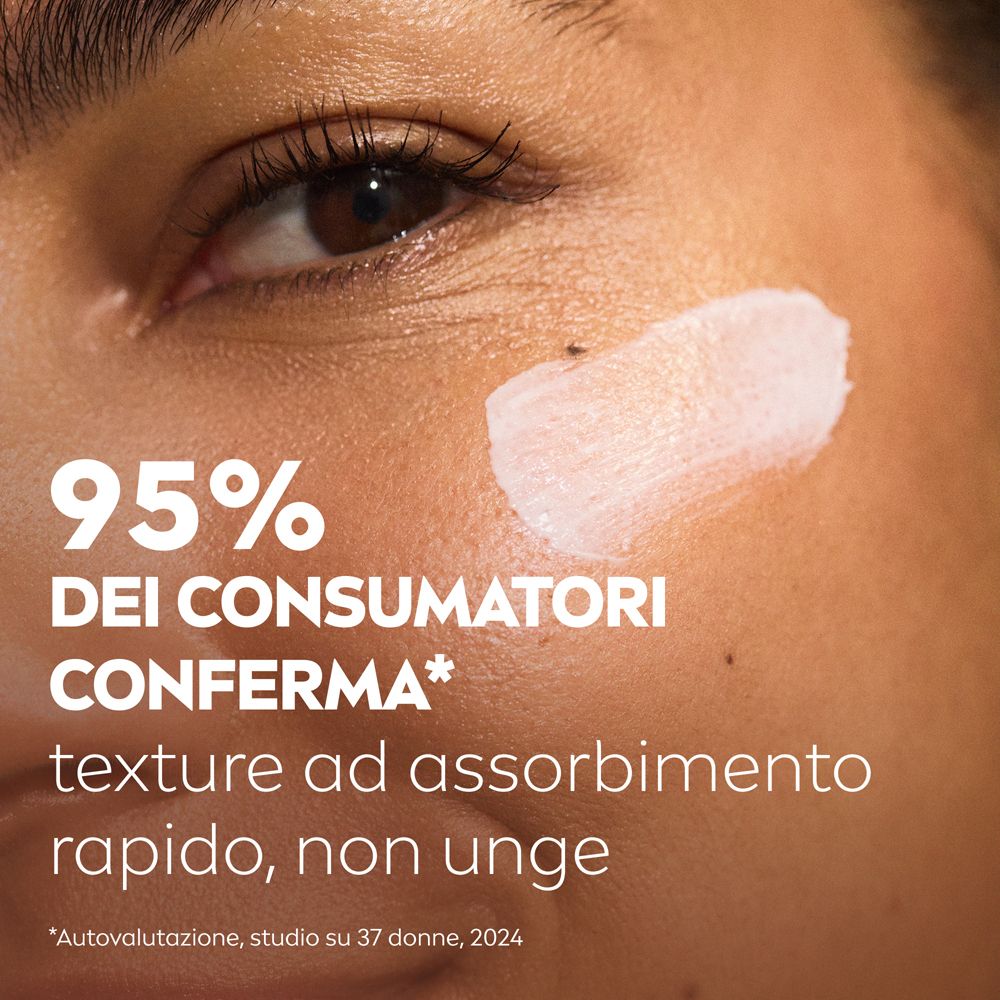 Primo piano di una zona di pelle con crema. Testo: 95% dei consumatori conferma. Assorbimento rapido, non unge.
