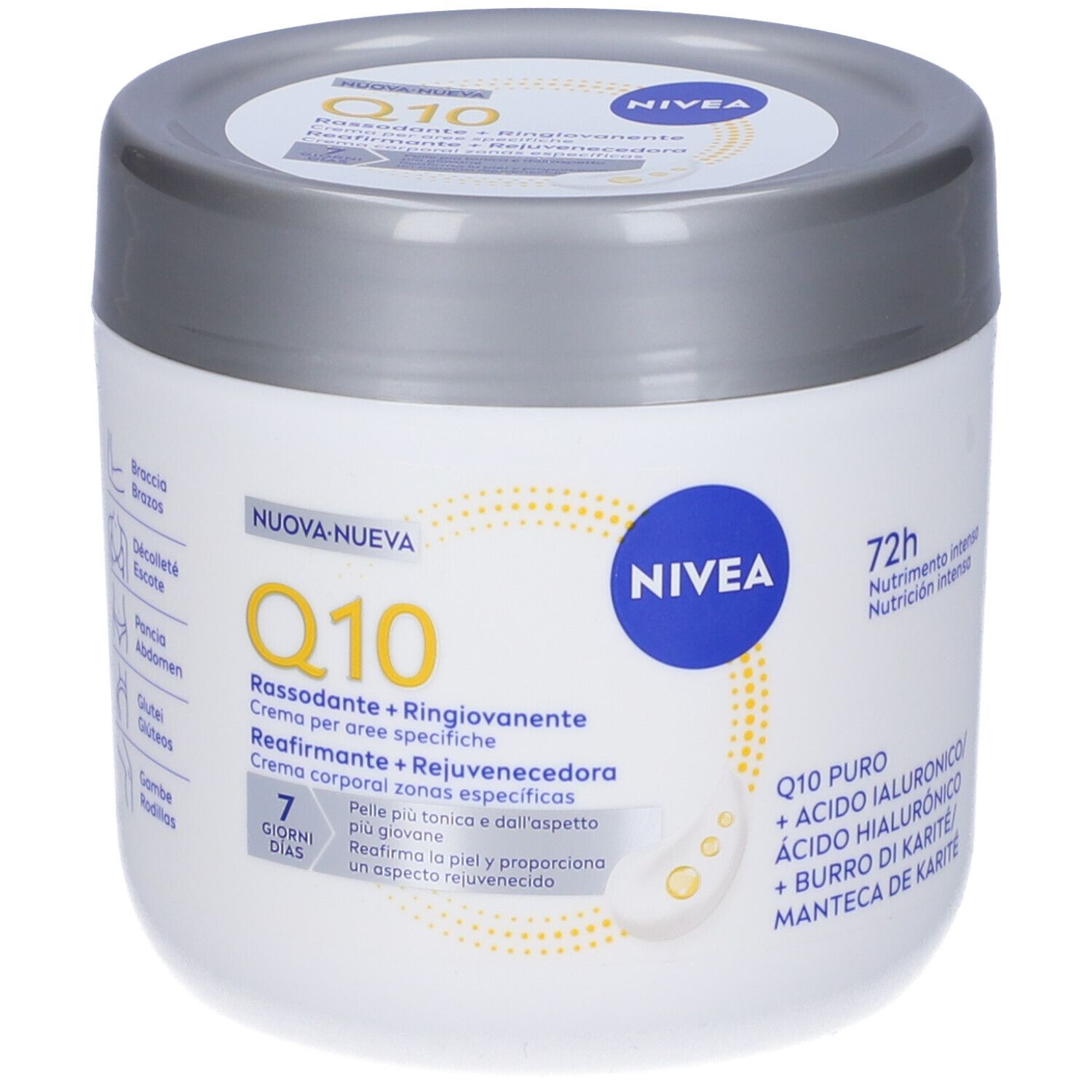Barattolo di crema bianco con coperchio argentato. Scritta: Nivea Q10 Rassodante + Ringiovanente. Accenti gialli.