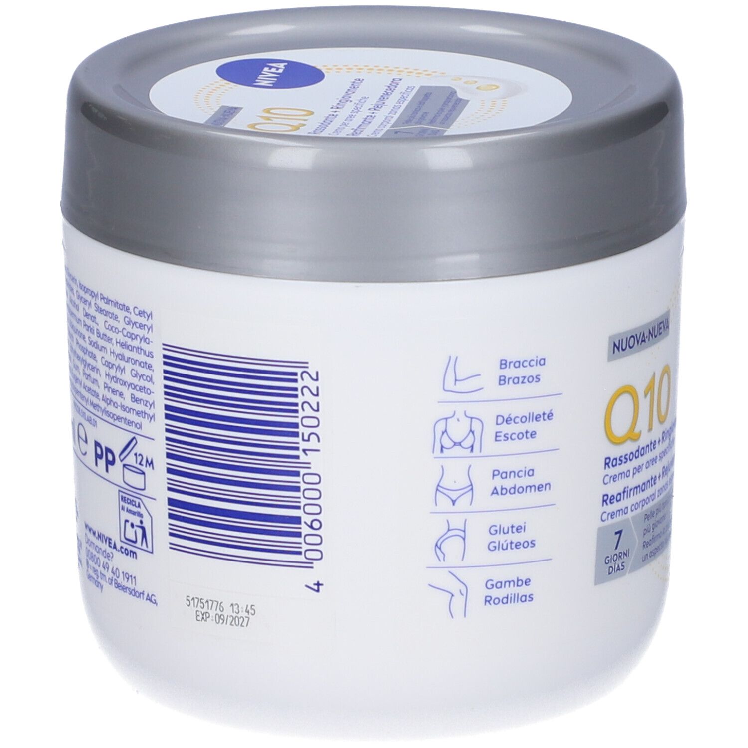Retro del barattolo di crema. Testo: Ingredienti, icone delle zone del corpo, Nivea Q10.