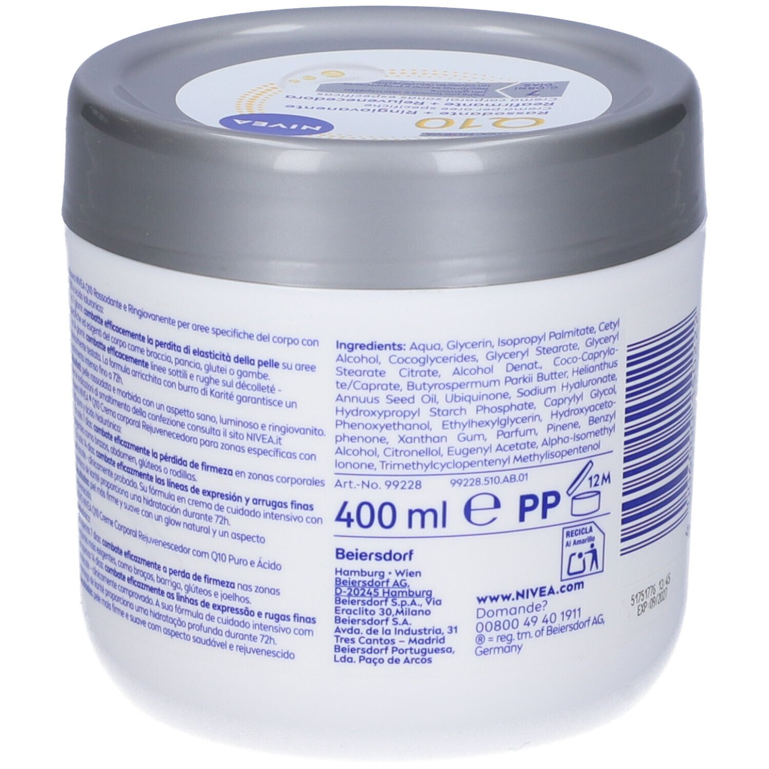 Retro del barattolo di crema. Testo: Ingredienti, 400 ml, Nivea Q10.