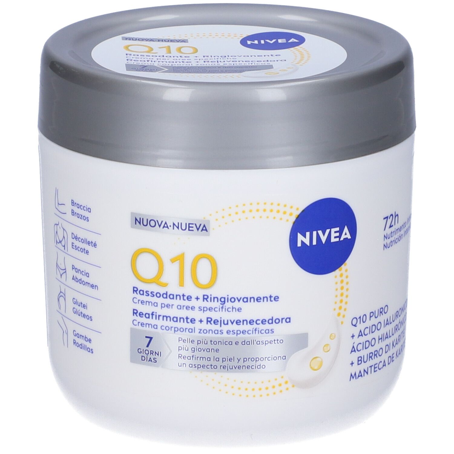 Barattolo di crema bianco con coperchio argentato. Scritta: Nivea Q10 Rassodante + Ringiovanente. Accenti gialli.