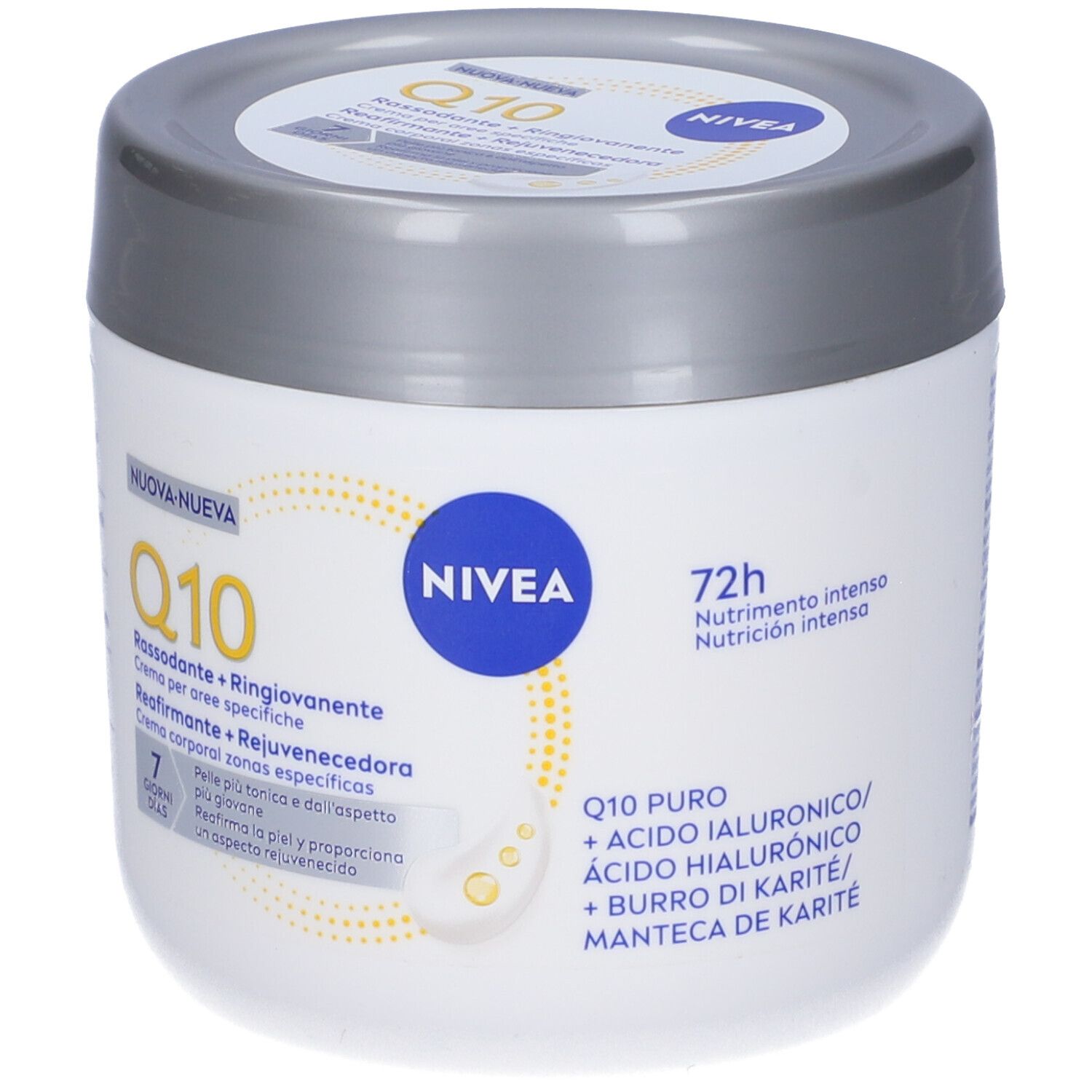 Barattolo di crema bianco con coperchio argentato. Scritta: Nivea Q10 Rassodante + Ringiovanente. Accenti gialli.