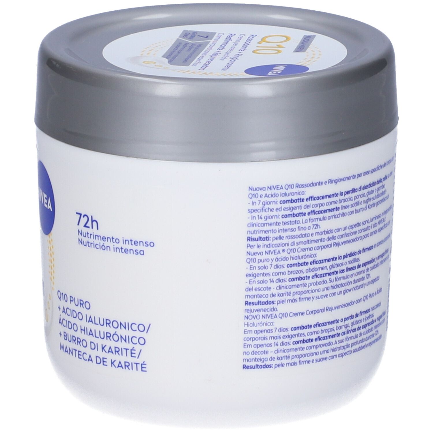 Retro del barattolo di crema. Testo: 72h, intensità nutritiva, Q10, acido ialuronico, burro di karité.