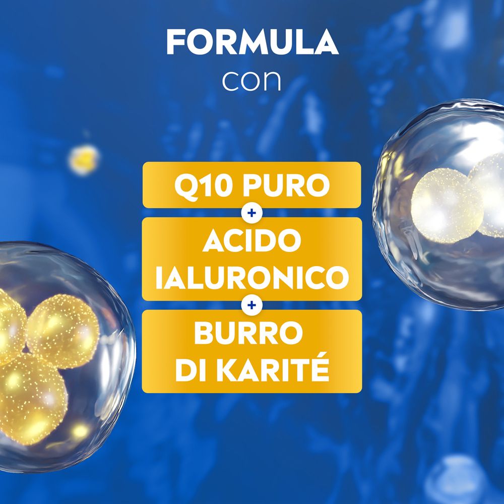 Grafica con ingredienti: Q10 PURE, ACIDO IALURONICO, BURRO DI KARITÉ. Bolle blu.