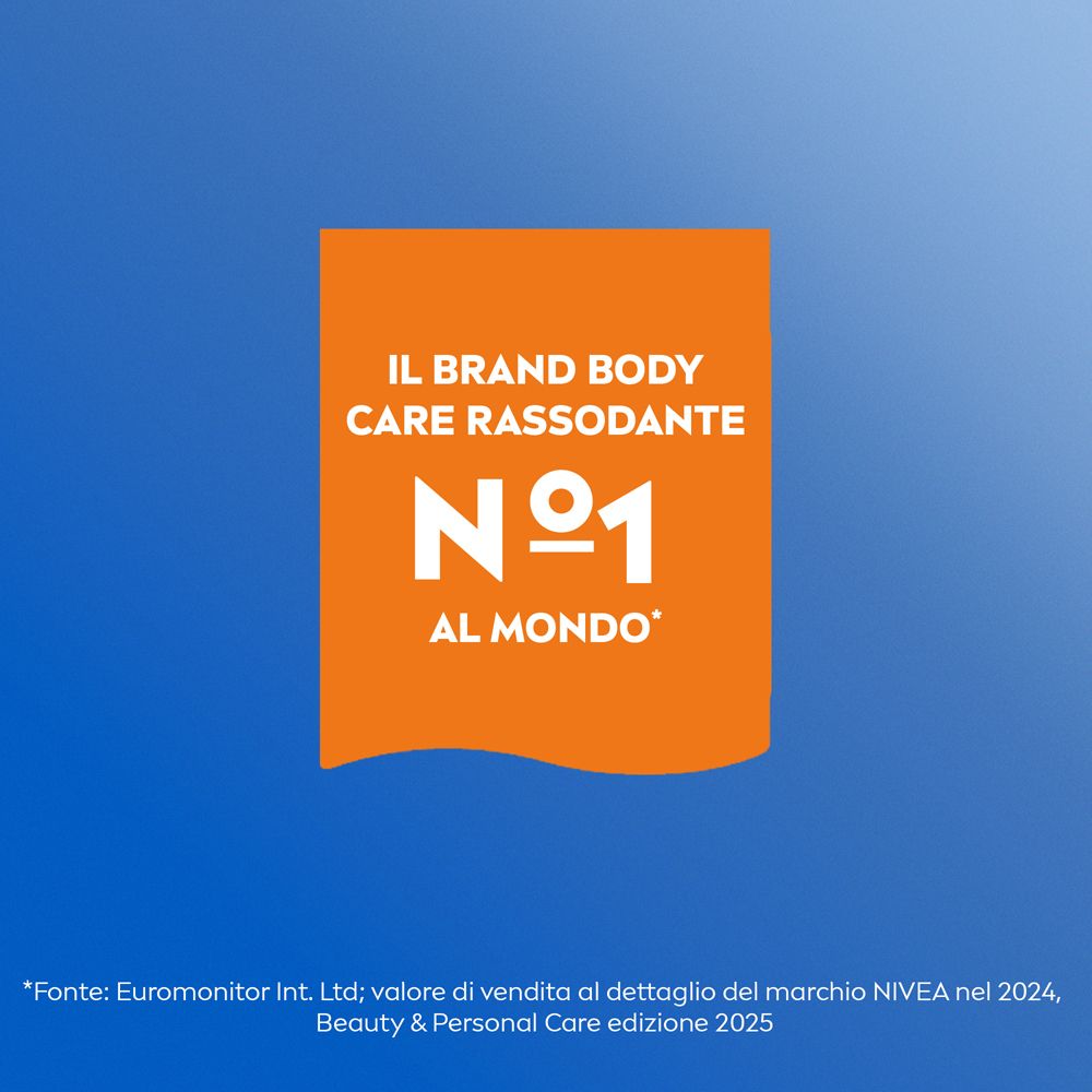 Blocco arancione con testo: IL BRAND BODY CARE RASSODANTE N°1 AL MONDO.