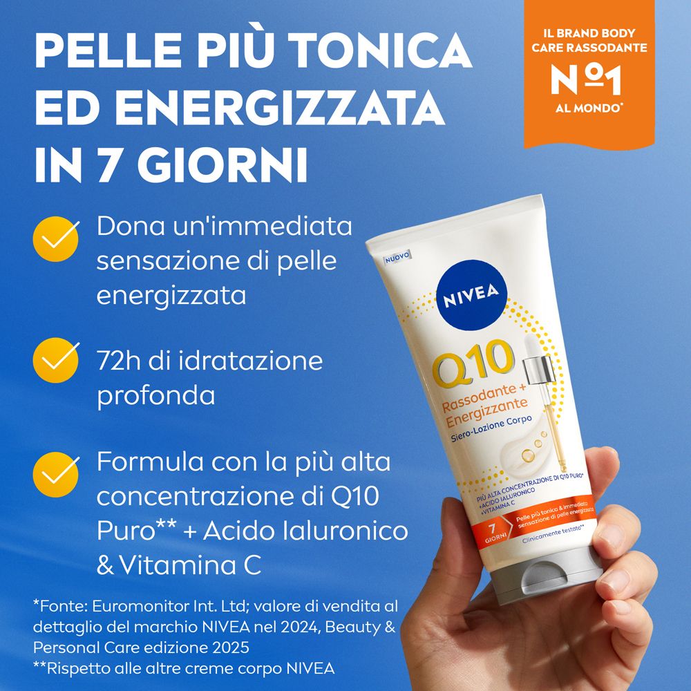 Prodotto Nivea Q10 tenuto in mano. Testo: Pelle più tonica ed energizzata in 7 giorni. N.1 Body Care. Spunte gialle.