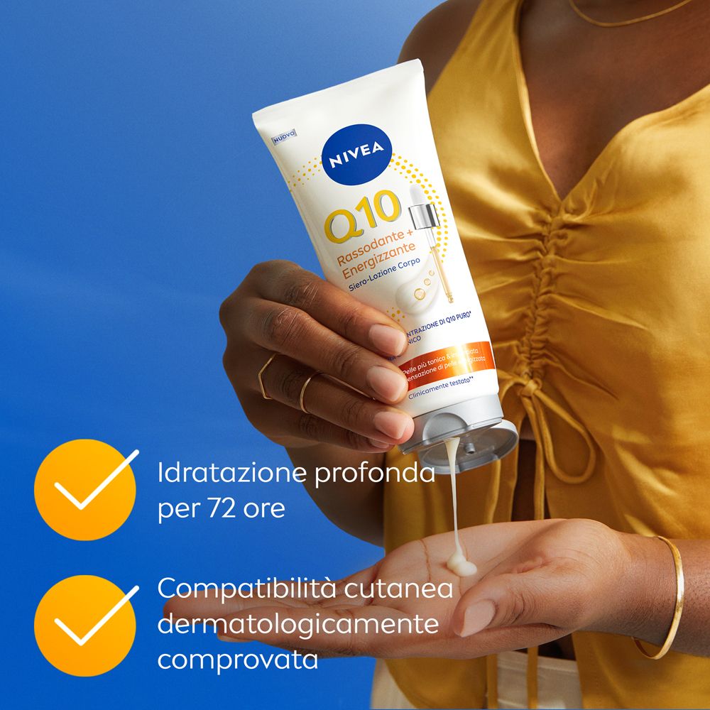 Prodotto Nivea Q10 applicato sulla mano. Testo: Idratazione profonda per 72 ore. Dermatologicamente testato.