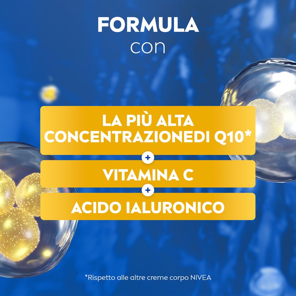 Sfondo giallo con testo: La più alta concentrazione di Q10, vitamina C e acido ialuronico. Cerchi bianchi.