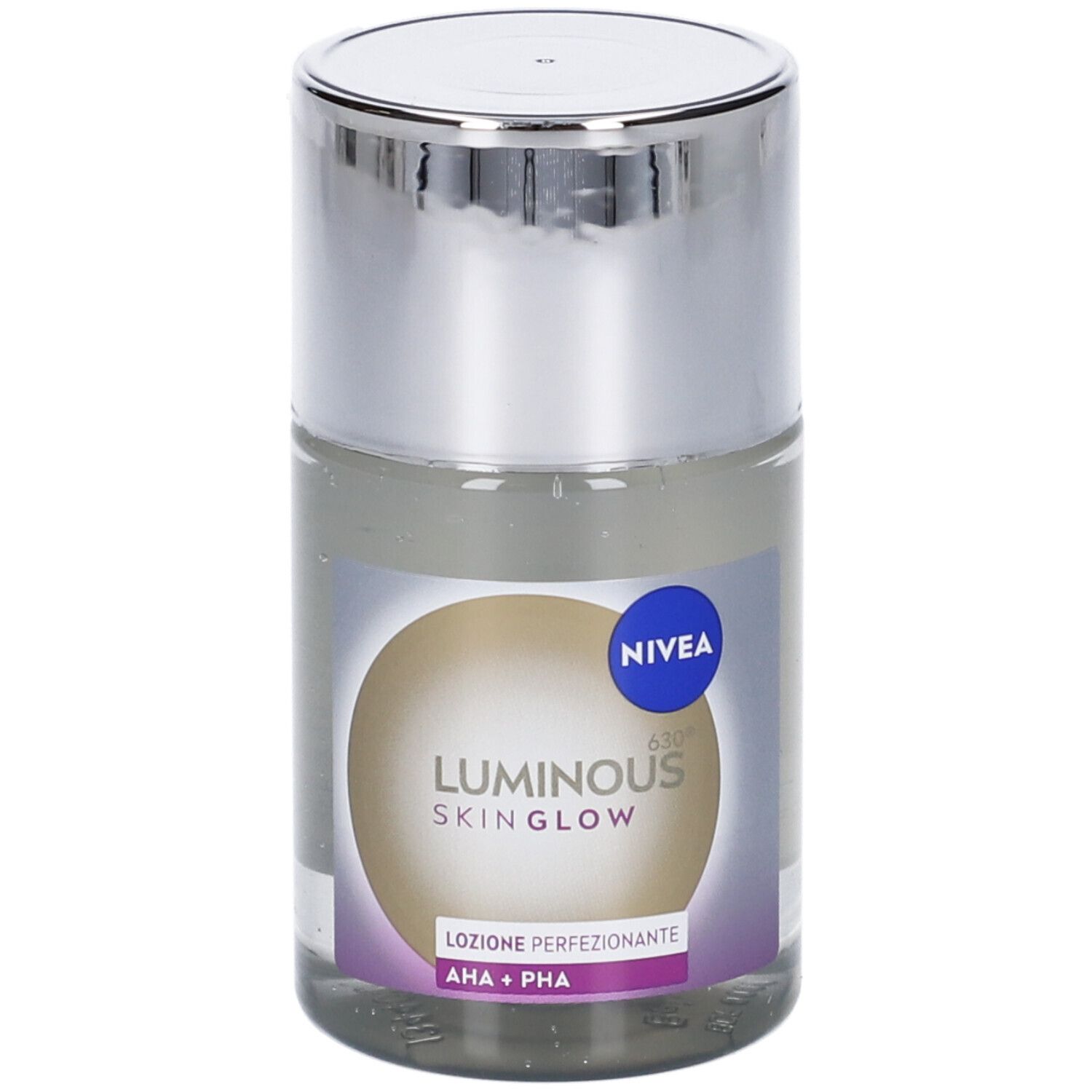 Lozione per la cura della pelle. Nivea Luminous Skin Glow. Flacone trasparente con tappo argentato. Sfera gialla con info.