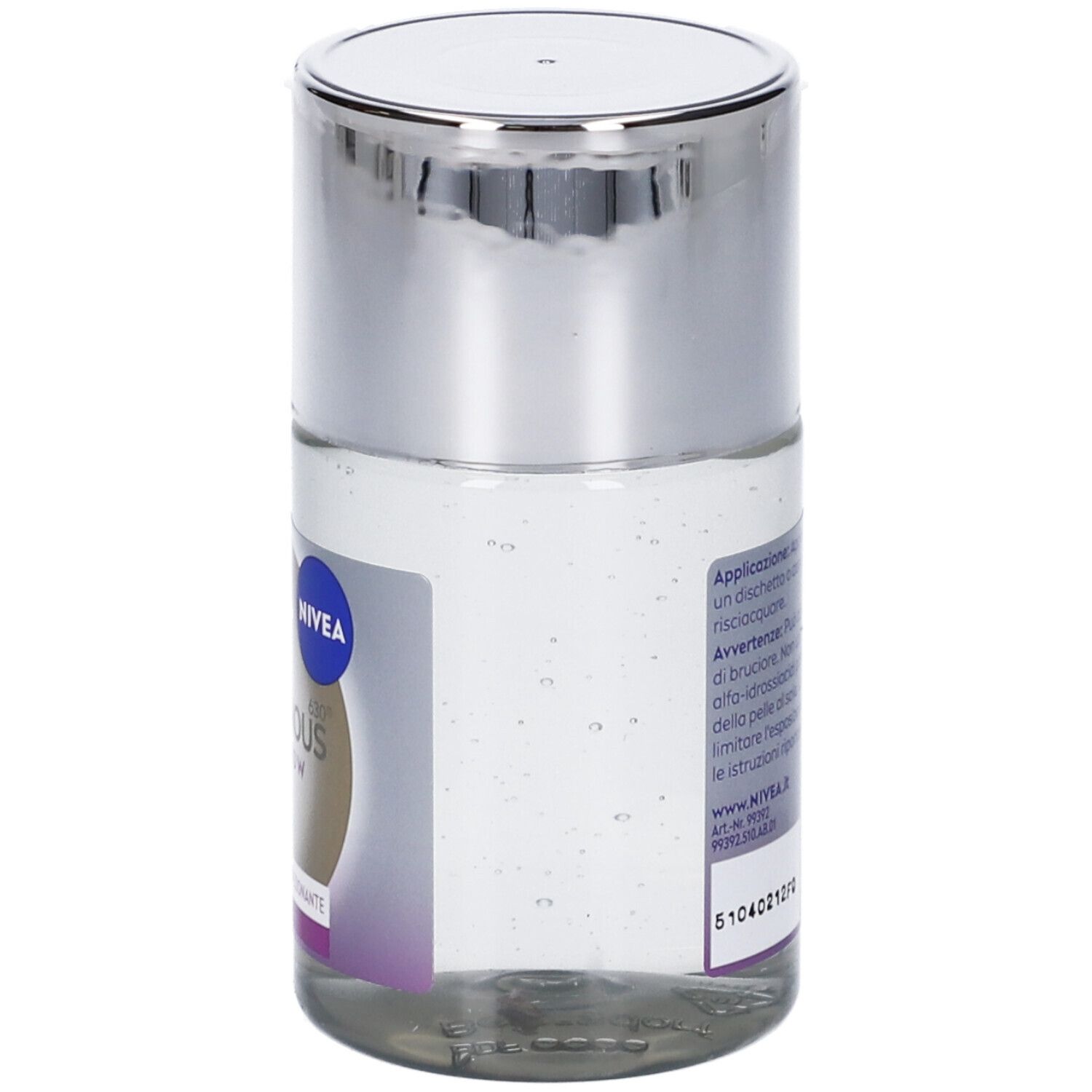 Lozione per la cura della pelle. Nivea Luminous Skin Glow. Flacone trasparente con tappo argentato. Info prodotto.