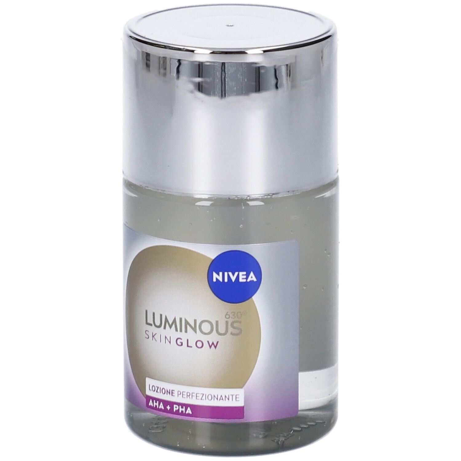 Lozione per la cura della pelle. Nivea Luminous Skin Glow. Flacone trasparente con tappo argentato. Info prodotto.