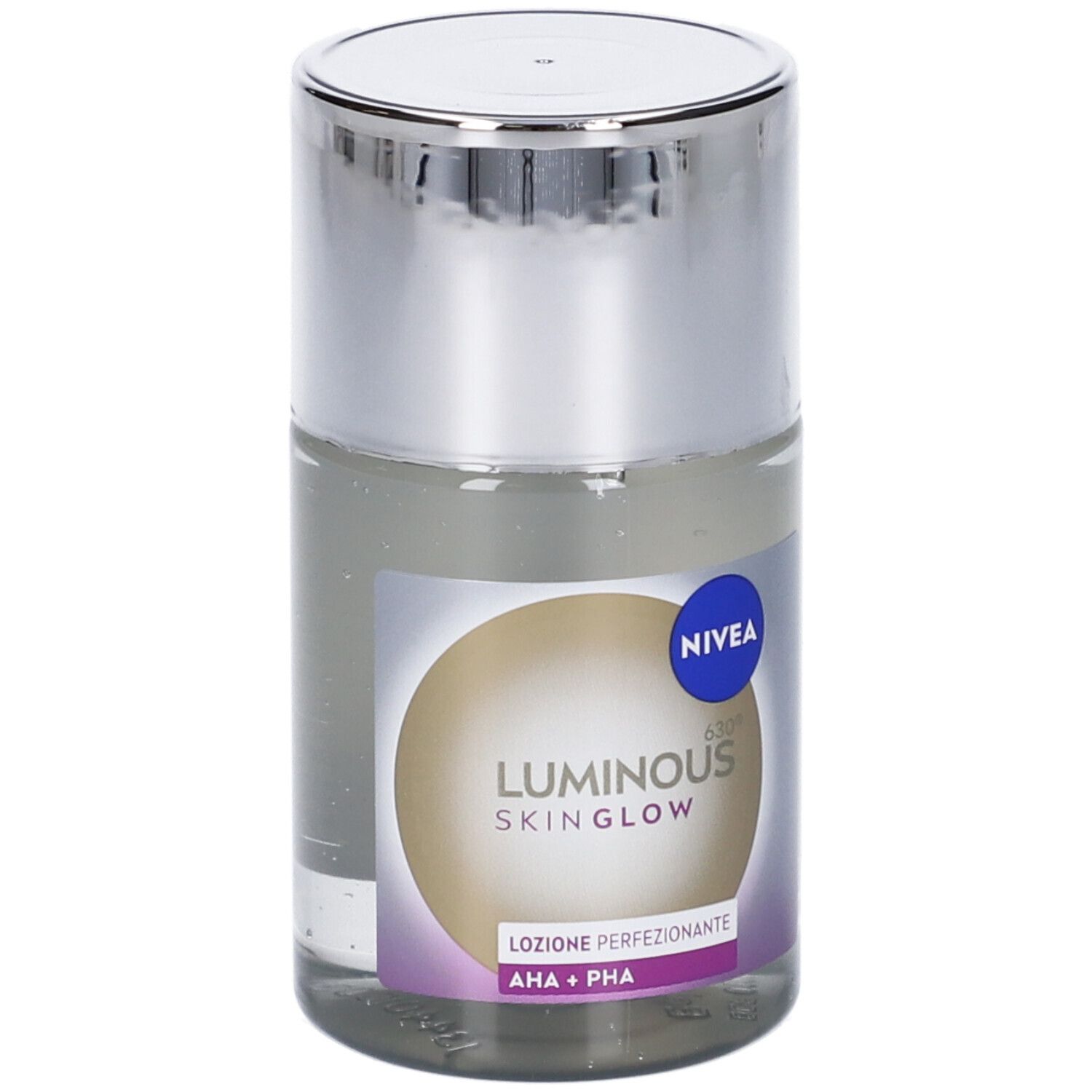 Lozione per la cura della pelle e confezione. Nivea Luminous Skin Glow. Flacone trasparente e scatola. Info prodotto.