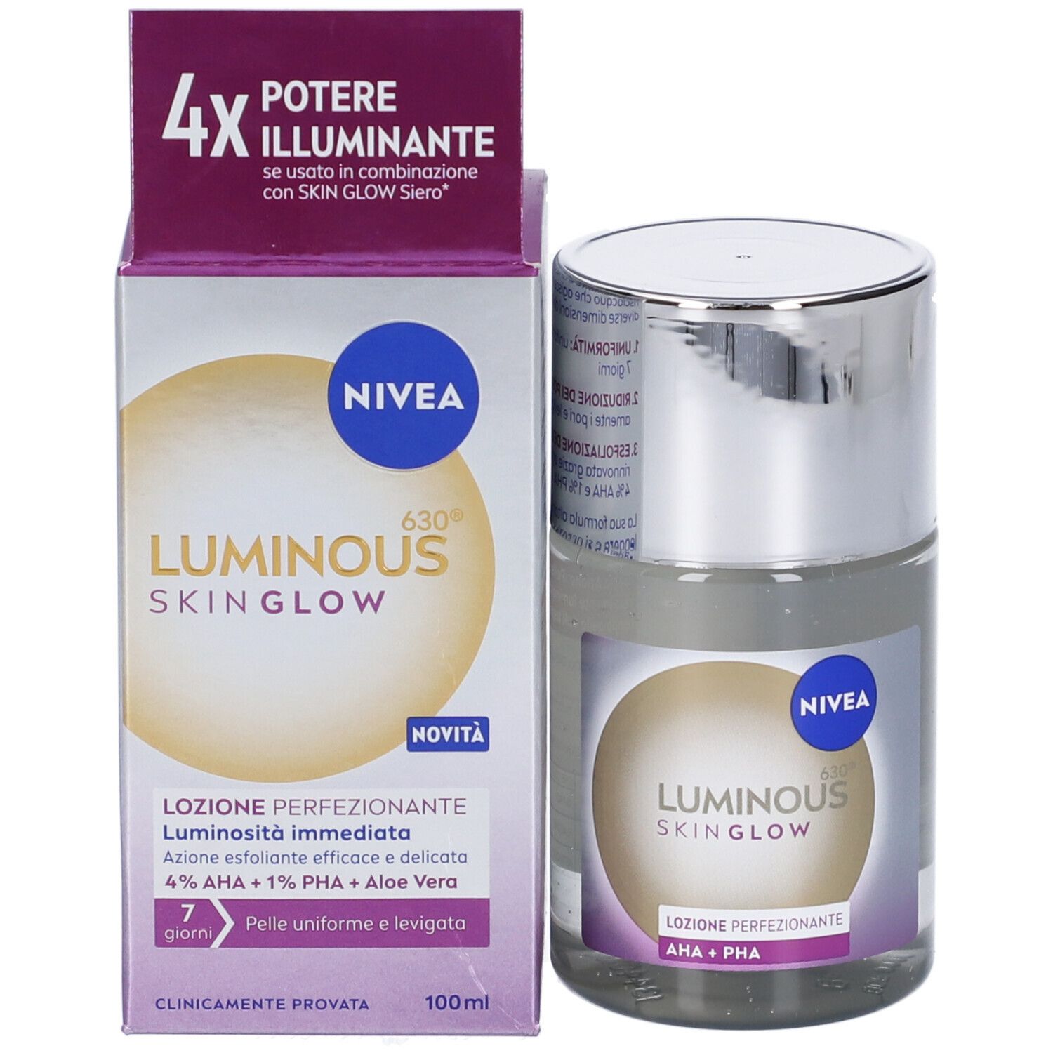 Confezione della lozione per la cura della pelle. Nivea Luminous Skin Glow. Scatola con info prodotto.