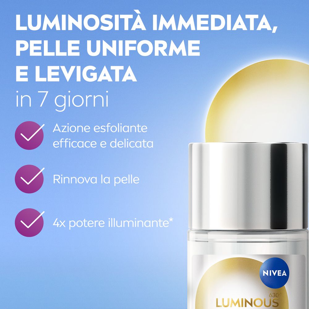 Informazioni sul prodotto. Luminosità immediata, pelle uniforme in 7 giorni. Flacone sullo sfondo.