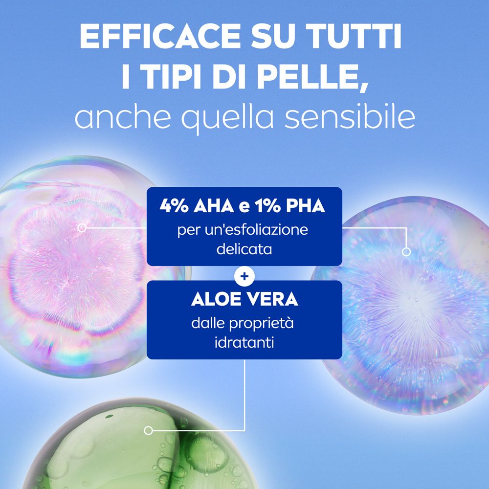 Informazioni sul prodotto. Efficace su tutti i tipi di pelle, anche sensibili. Ingredienti: AHA, PHA, Aloe Vera.