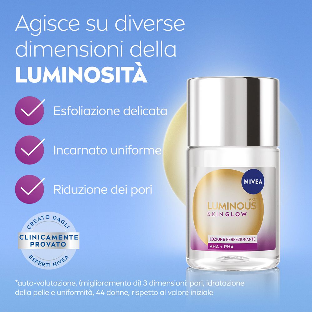 Informazioni sul prodotto. Agisce su diverse dimensioni della luminosità. Clinicamente testato. Flacone sullo sfondo.