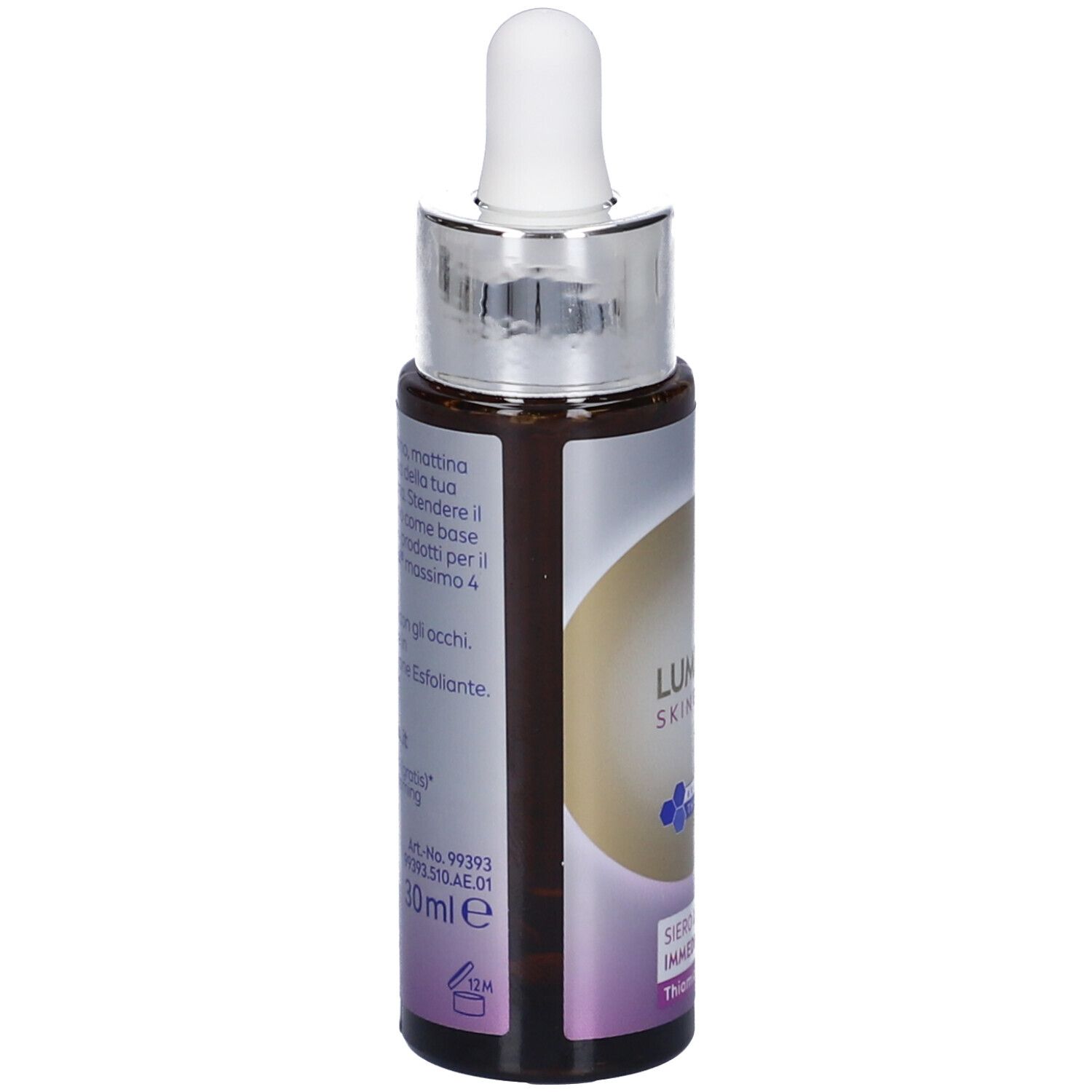 Retro del flacone. Testo: Istruzioni per l'uso, ingredienti, contatti. 30ml.