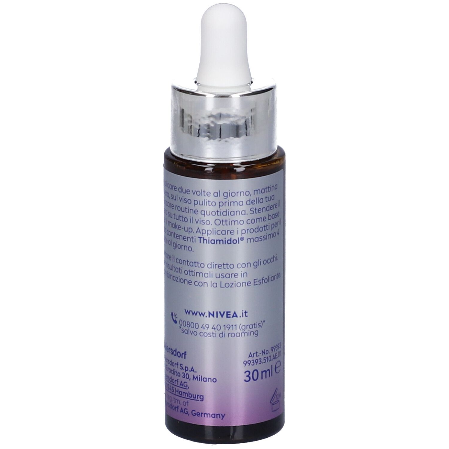 Retro del flacone. Testo: Istruzioni per l'uso, contatti. 30ml.