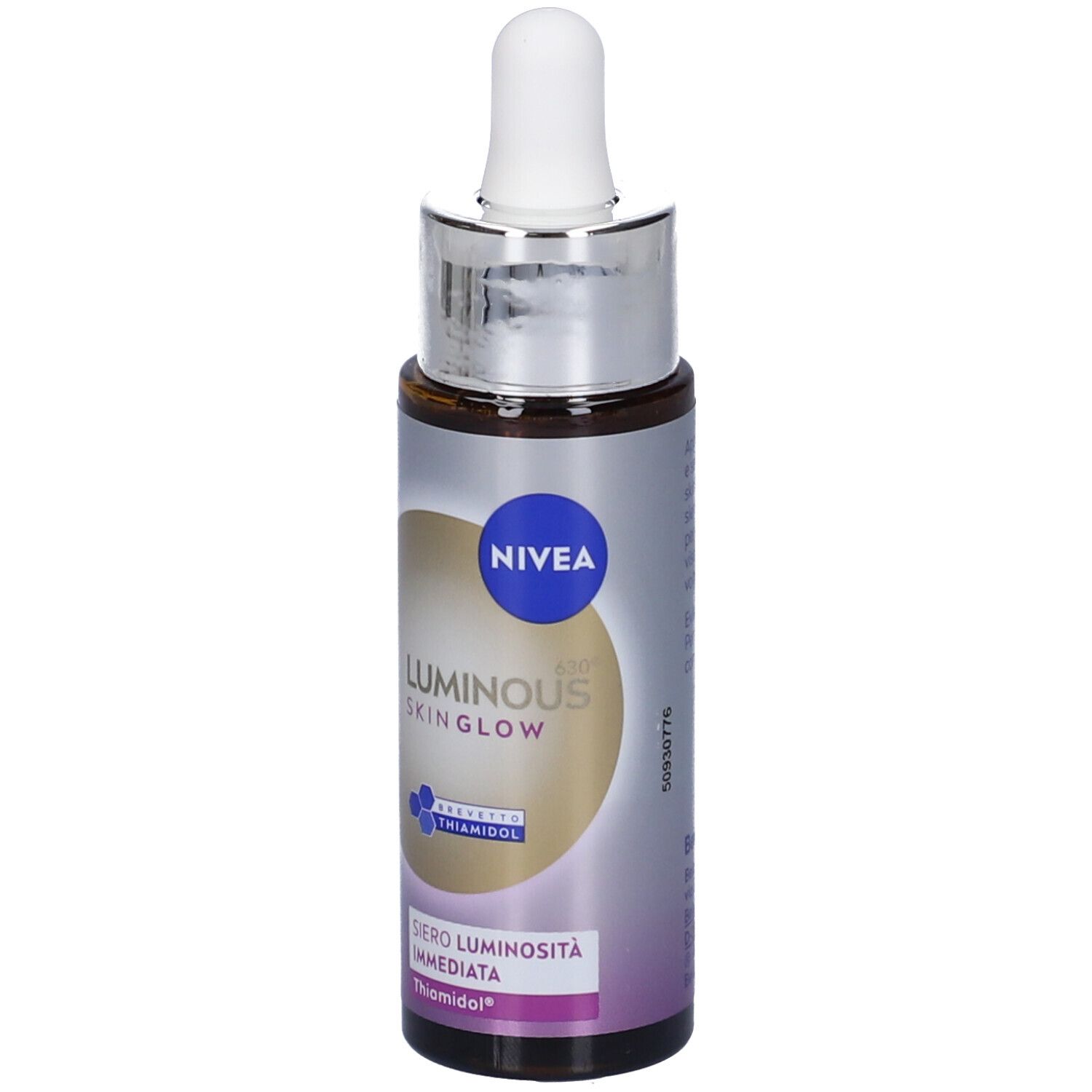 Siero Nivea Luminous Skin Glow. Flacone in vetro marrone con pipetta. Tappo bianco, etichette blu e oro.