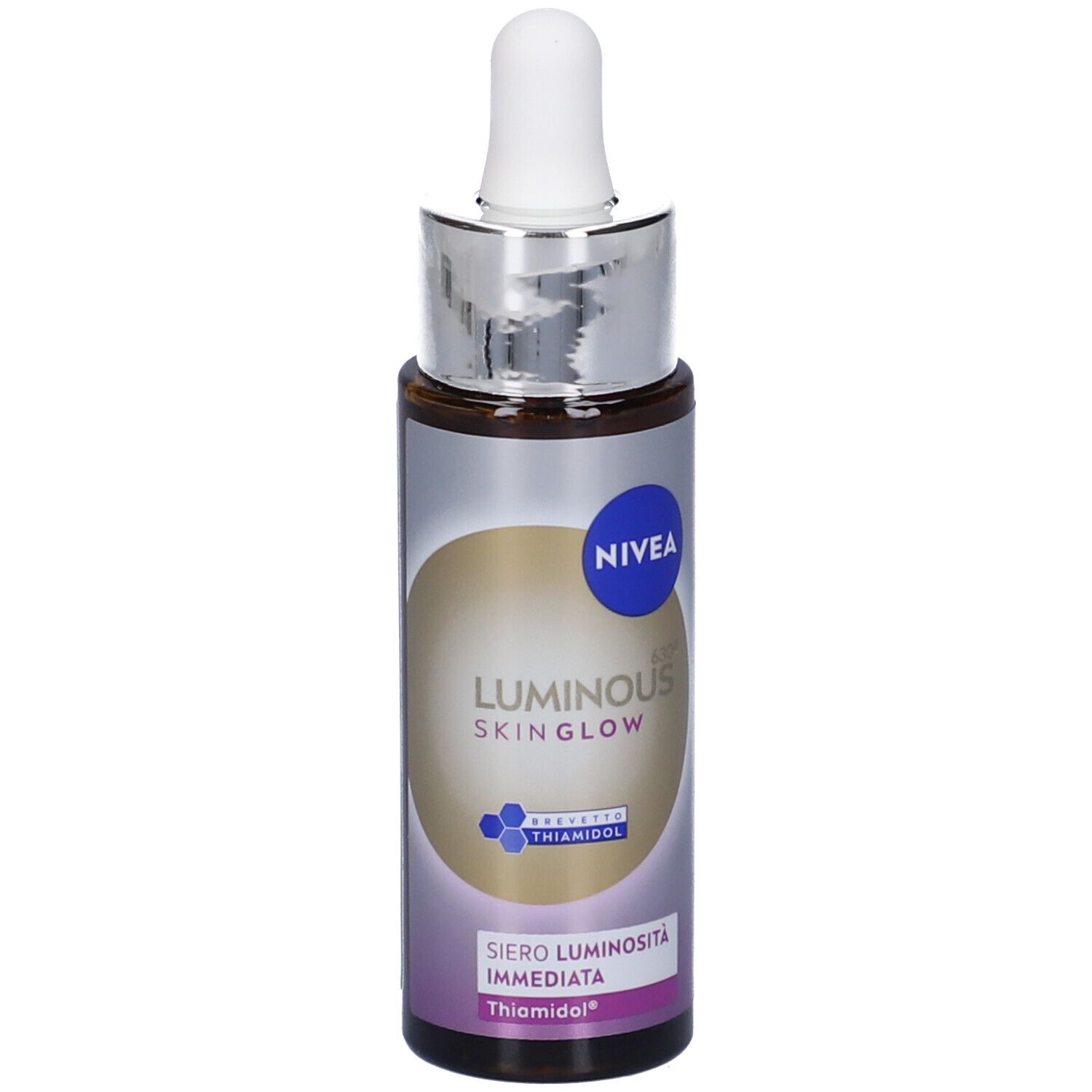 Prodotto con confezione. Siero Nivea Luminous Skin Glow. Flacone e scatola. 30ml.