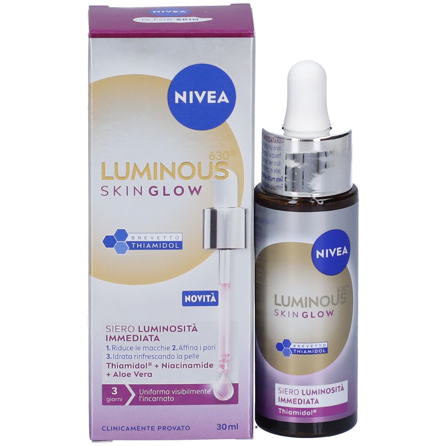 Prodotto con confezione. Siero Nivea Luminous Skin Glow. Flacone e scatola. 30ml.