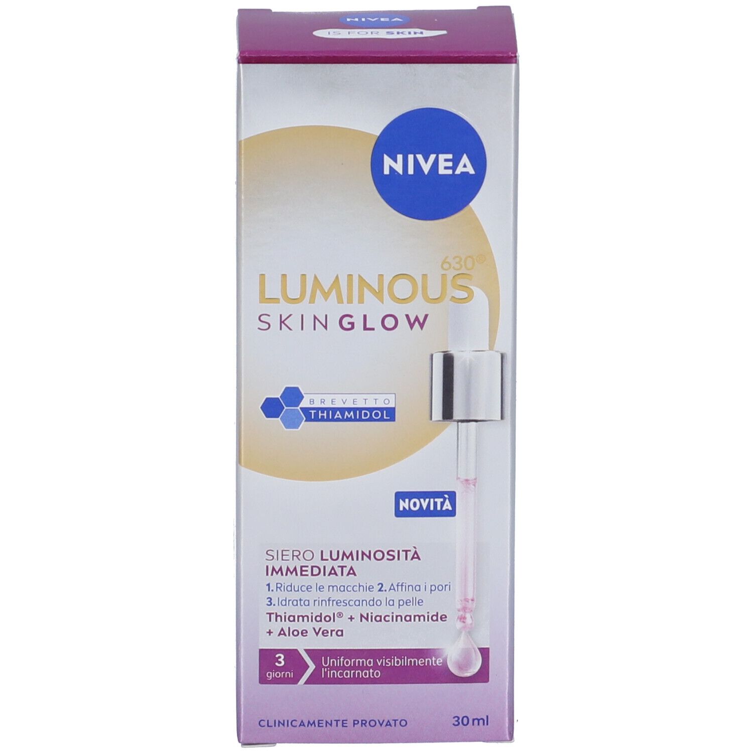 Prodotto con confezione. Siero Nivea Luminous Skin Glow. Flacone e scatola. 30ml.