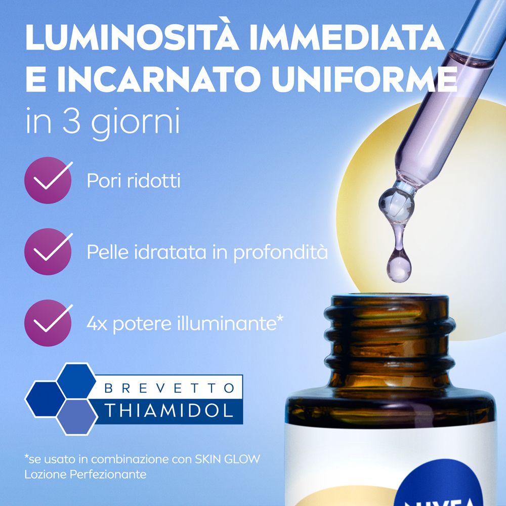 Prodotto con pipetta. Testo: Luminosità immediata e incarnato uniforme in 3 giorni. Pori ridotti.