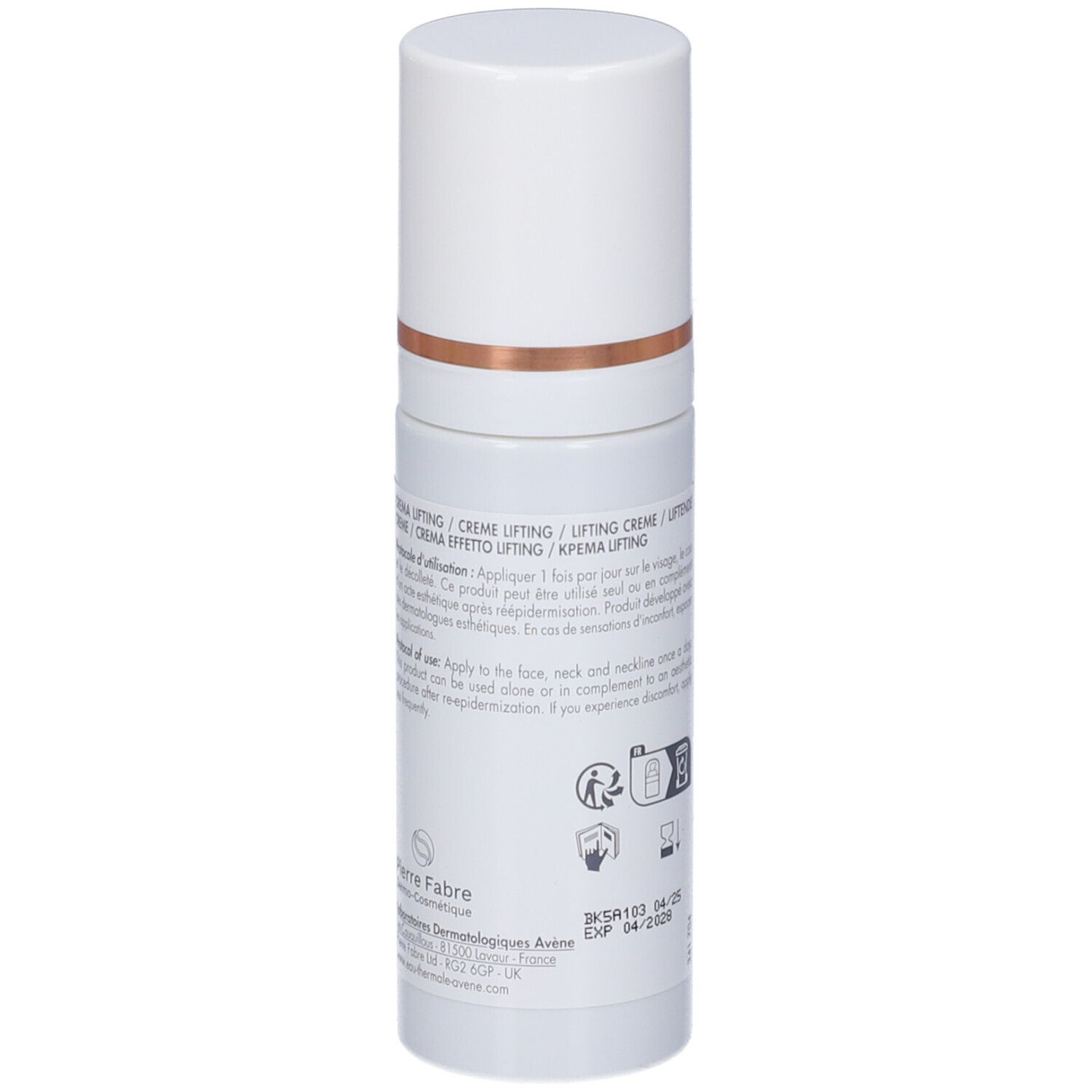 Retro del flacone. Marca: Eau Thermale Avène. Prodotto: HYALURON ACTIV PROCEDURE. Testo.