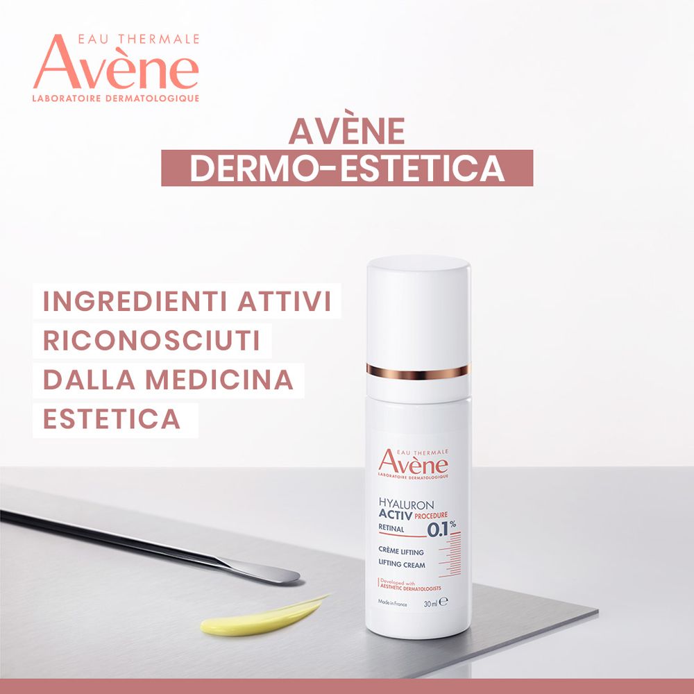 Flacone. Marca: Eau Thermale Avène. Prodotto: HYALURON ACTIV PROCEDURE. Testo: Ingredienti della medicina estetica.