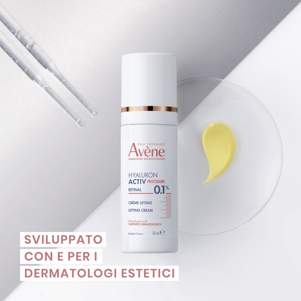 Flacone e sostanza gialla. Marca: Eau Thermale Avène. Prodotto: HYALURON ACTIV PROCEDURE. Testo: Per dermatologi estetici.