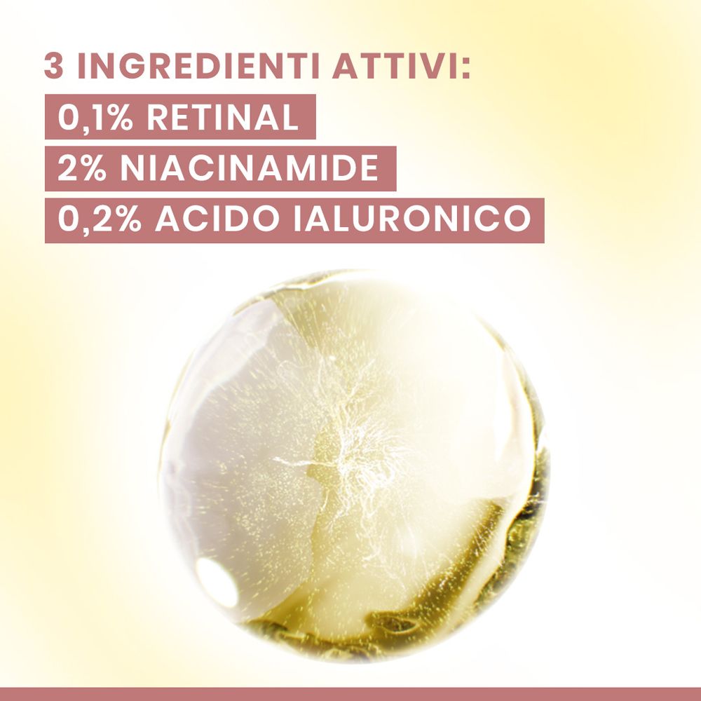 Sostanza gialla con testo. Testo: 3 ingredienti: 0,1% Retinal, 2% Niacinamide, 0,2% Acido Ialuronico.
