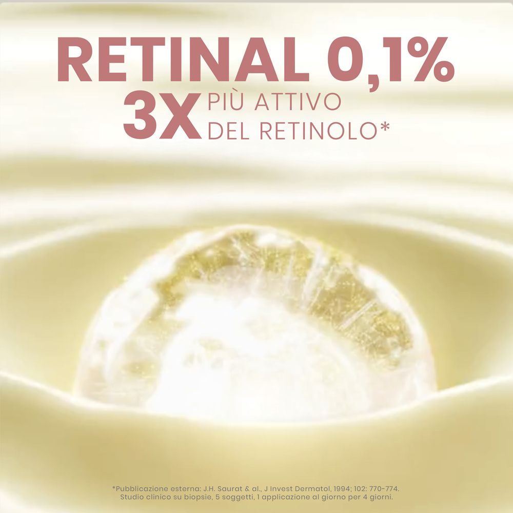 Prodotto in liquido. Testo: Retinal 0,1%. 3x più attivo del retinolo.