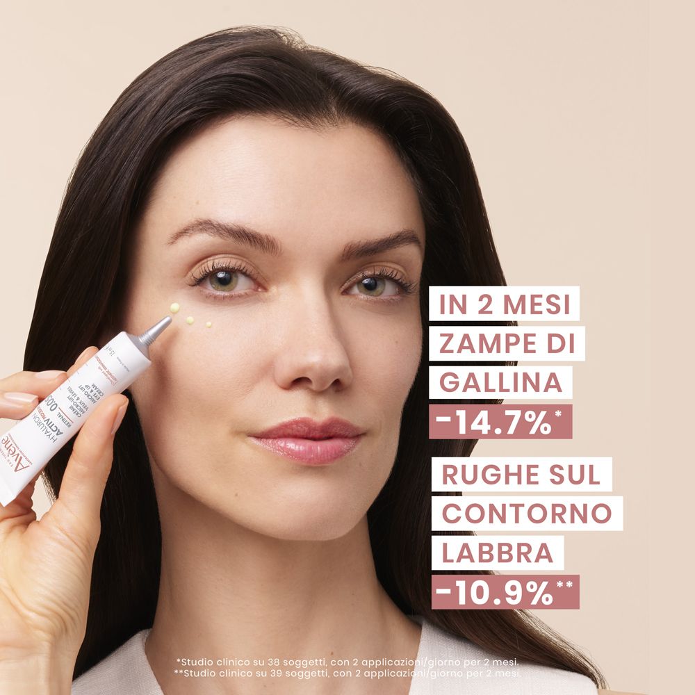 Donna con prodotto. Testo: In 2 mesi: zampe di gallina -14,7%. Rughe labbra -10,9%.