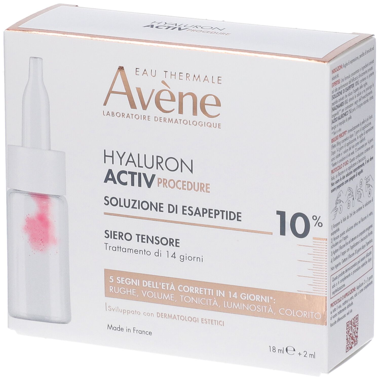 Confezione del prodotto. Flacone con pipetta. Scritta: Eau Thermale Avène, HYALURON ACTIV PROCEDURE, 10% Soluzione di Esapeptide.