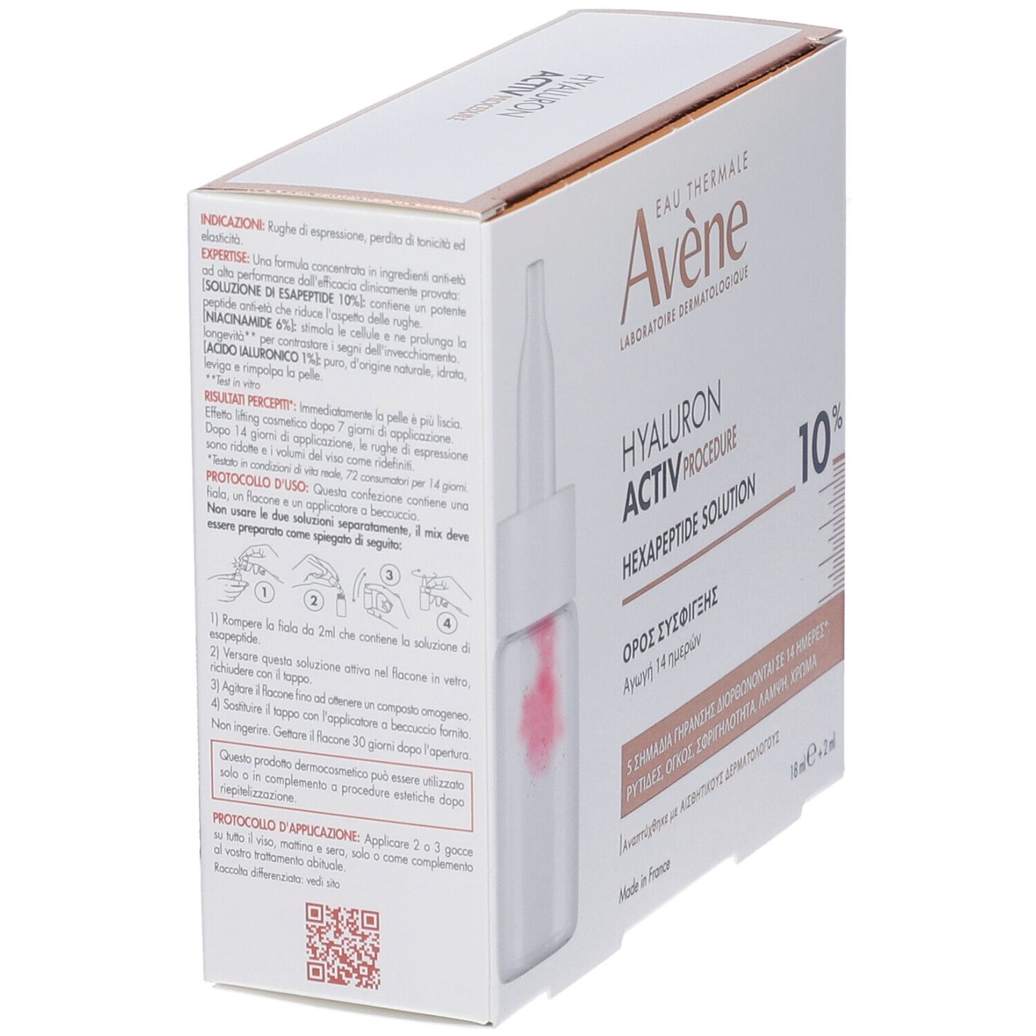 Confezione del prodotto. Flacone con pipetta. Scritta: Eau Thermale Avène, HYALURON ACTIV PROCEDURE, 10% Soluzione di Esapeptide.