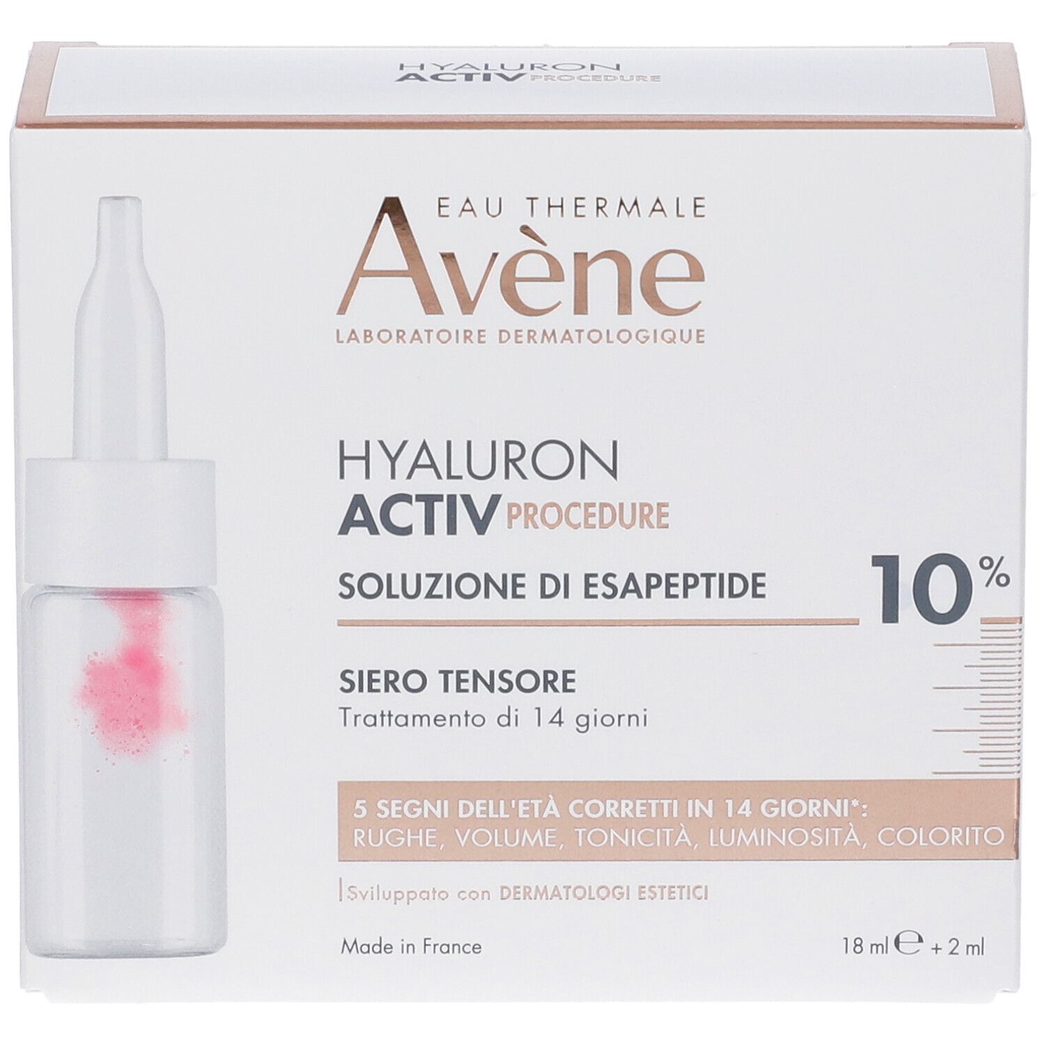 Confezione del prodotto. Flacone con pipetta. Scritta: Eau Thermale Avène, HYALURON ACTIV PROCEDURE, 10% Soluzione di Esapeptide.