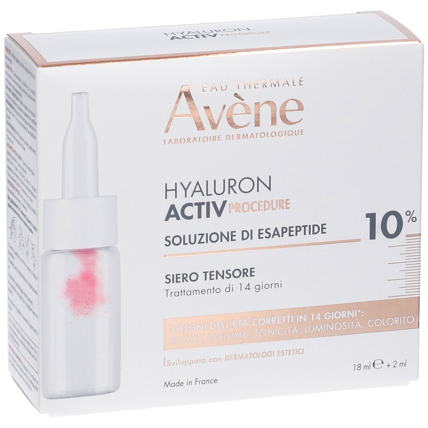 Confezione del prodotto. Flacone con pipetta. Scritta: Eau Thermale Avène, HYALURON ACTIV PROCEDURE, 10% Soluzione di Esapeptide.