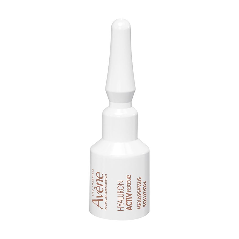 Flacone bianco con pipetta. Scritta: Eau Thermale Avène, HYALURON ACTIV PROCEDURE, Hexapeptide Solution.