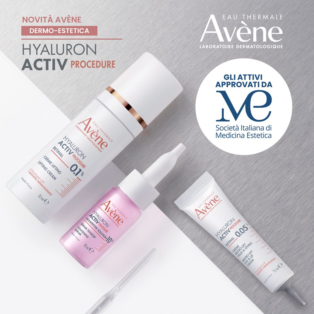 Tre prodotti: flacone, crema, tubo. Scritta: Avène, HYALURON ACTIV PROCEDURE, Crema Lifting, Crema Micro-Lift.