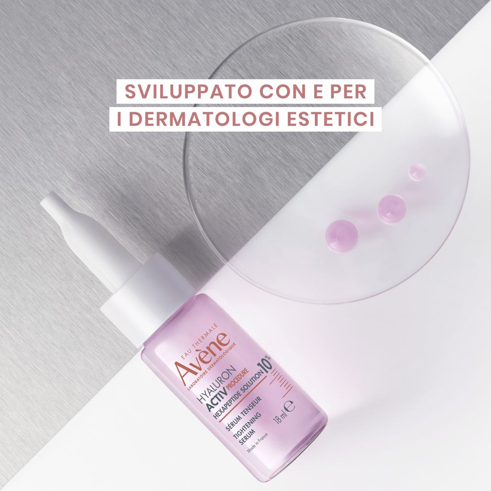 Flacone con pipetta e gocce. Scritta: Eau Thermale Avène, HYALURON ACTIV PROCEDURE, 10% Soluzione di Esapeptide.