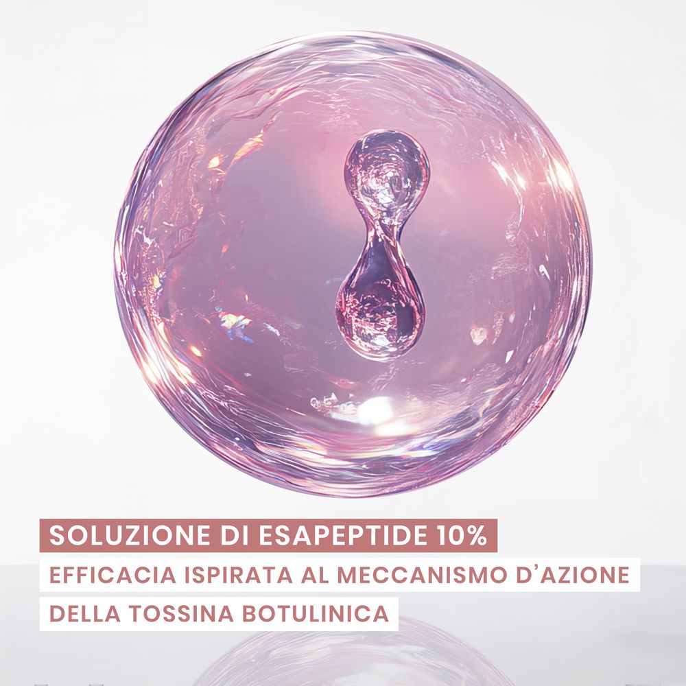 Bollicina con liquido. Scritta: Soluzione di Esapeptide 10%. Efficacia ispirata al meccanismo d'azione della tossina botulinica.