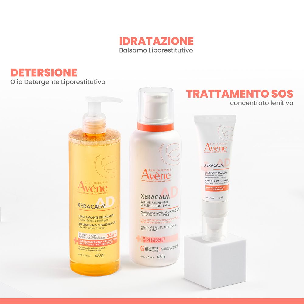 Tre prodotti Avène XeraCalm: Olio detergente, balsamo e concentrato SOS.