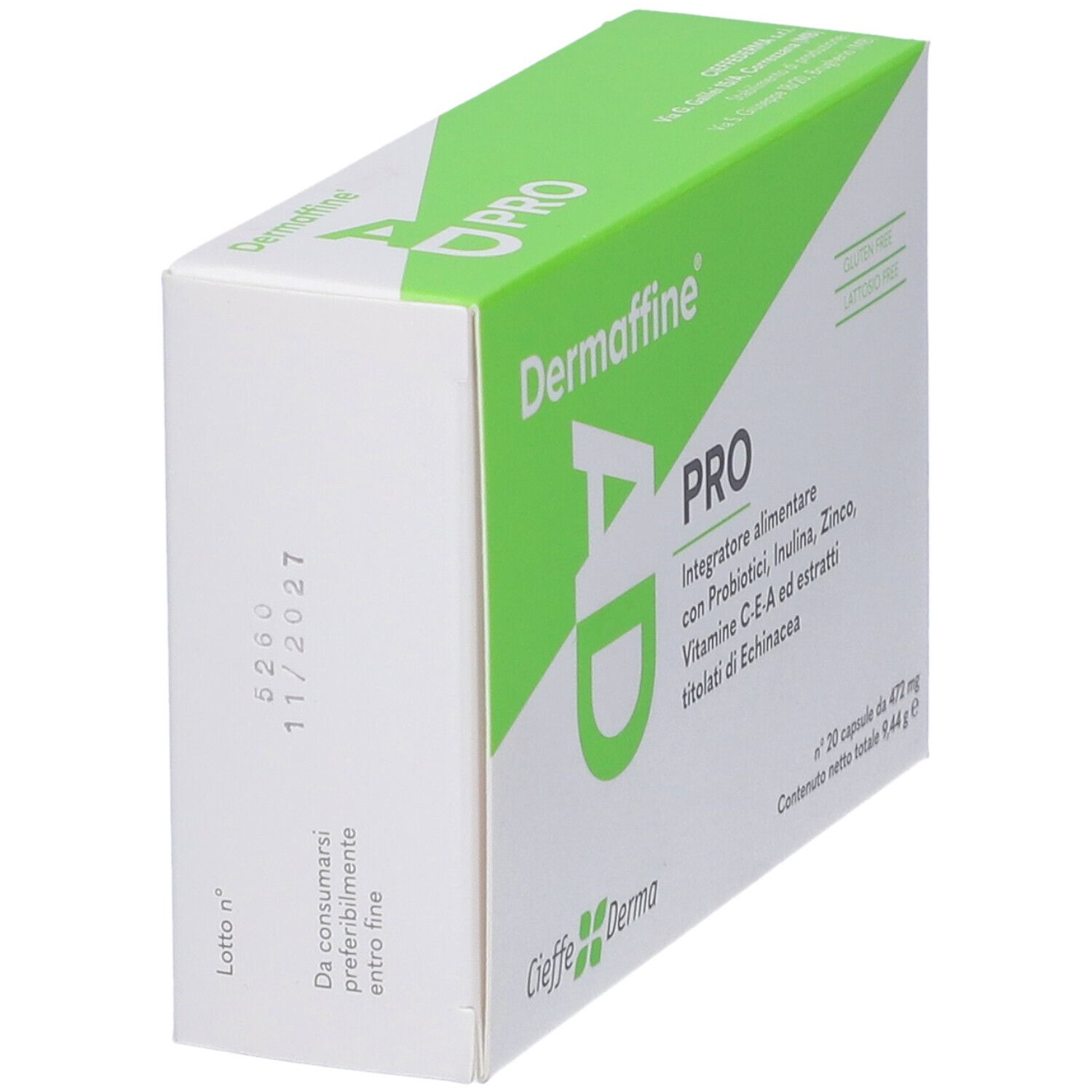 Scatola 'Dermaffine AD PRO' in prospettiva. Lato bianco con data di scadenza. Parte superiore verde.