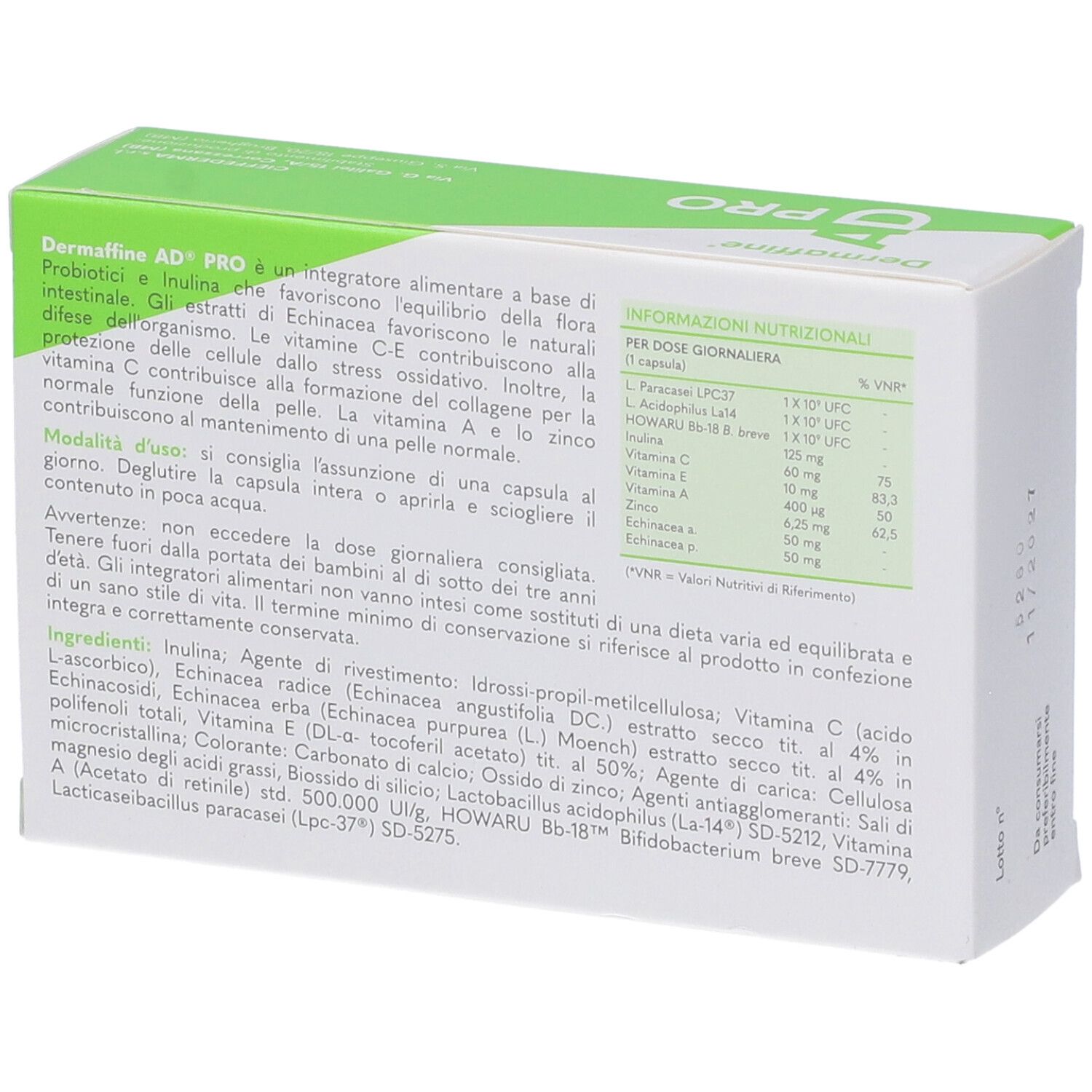 Retro della scatola 'Dermaffine AD PRO'. Contiene informazioni sugli ingredienti e i valori nutrizionali. Testo in italiano.