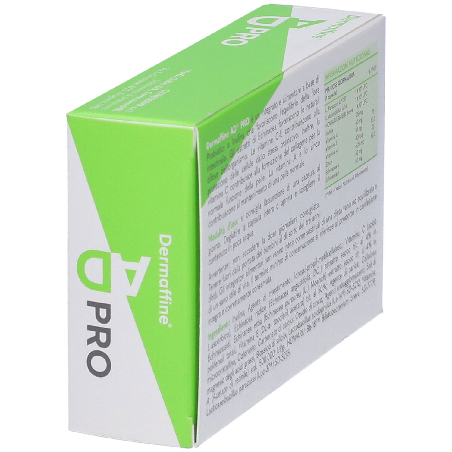 Scatola 'Dermaffine AD PRO' in prospettiva. Retro con testo e informazioni nutrizionali. Parte superiore verde.