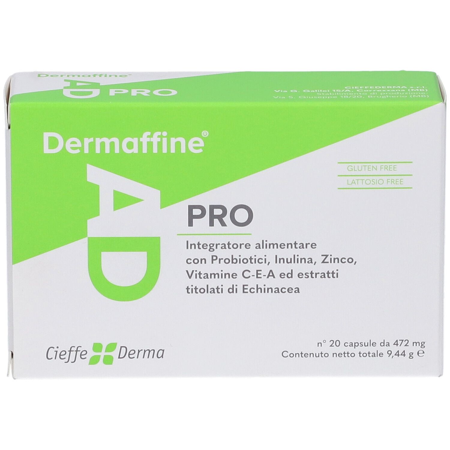 Scatola verde e bianca 'Dermaffine AD PRO'. Contiene 20 capsule. Senza glutine e lattosio. Marchio Cieffe Derma.