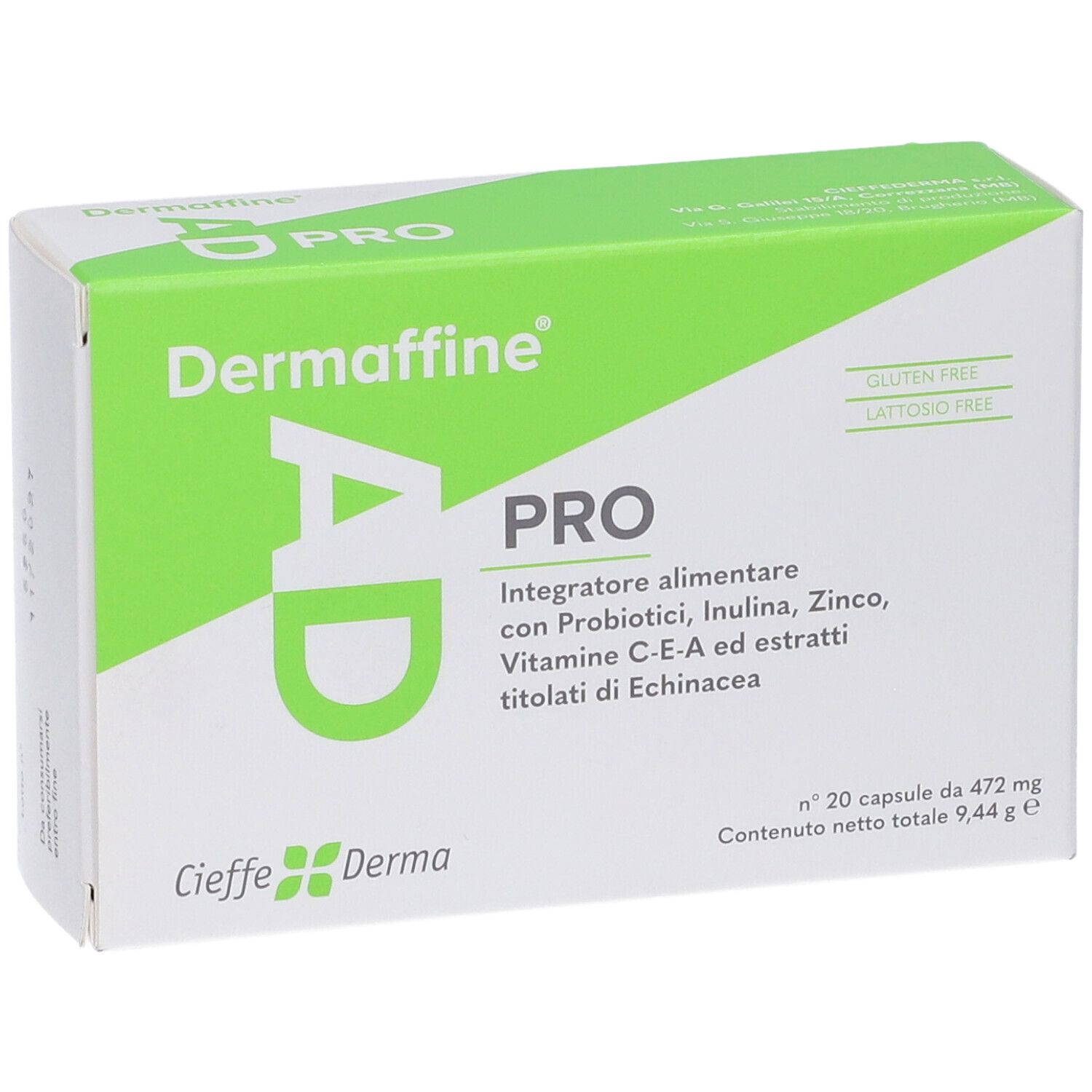 Scatola verde e bianca 'Dermaffine AD PRO'. Contiene 20 capsule. Senza glutine e lattosio. Marchio Cieffe Derma.