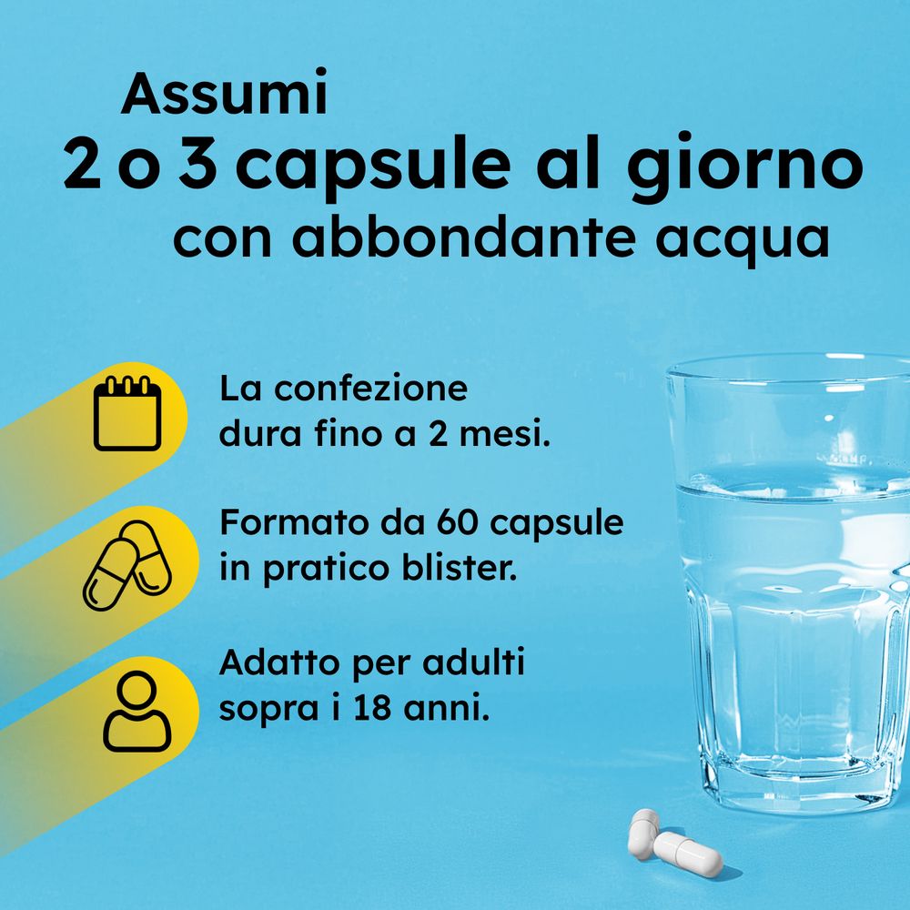 Sfondo blu con testo. Istruzioni: 2-3 capsule al giorno con acqua. 60 capsule, per adulti.