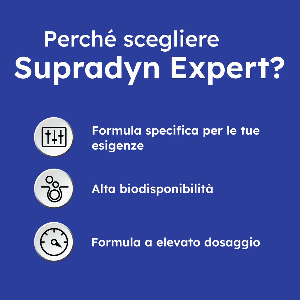 Sfondo blu con testo. Vantaggi di Supradyn Expert: Formula specifica, alta biodisponibilità.
