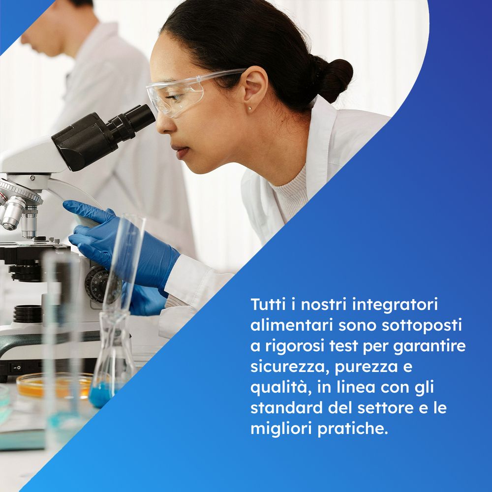 Scienziati in laboratorio. Testo: Tutti gli integratori alimentari sono rigorosamente testati.